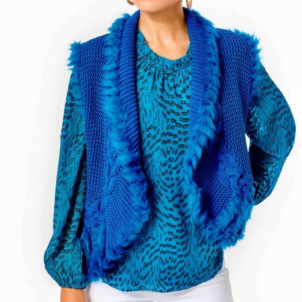 NWT Lilly Pulitzer NWT Torini Faux Fur Sweater Vest Teal Bay Small S